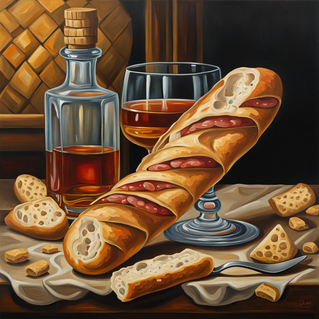 Cheerful Baguette Sipping Whiskey: Surreal Oil Painting