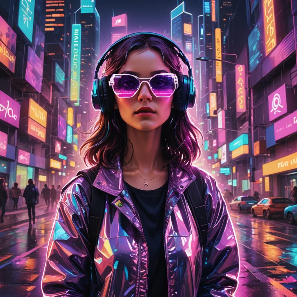 Retro-Futuristic Vinyl Album Cover in Neon Cityscape