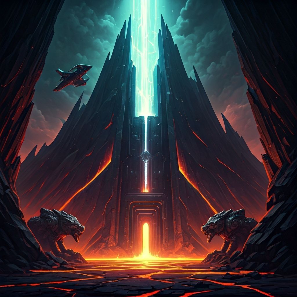 Obsidian Volcano Fortress Spewing Data, Guarded by Robots