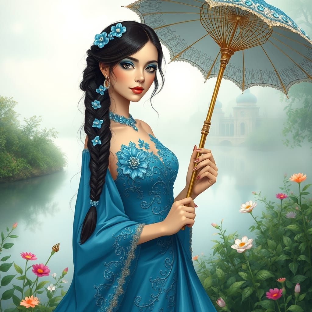 Ethereal Lady by a Foggy River in Art Nouveau Style