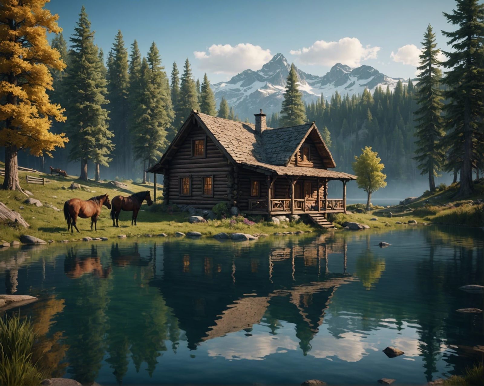 Idyllic Lakeside Log Cabin with Grazing Horses