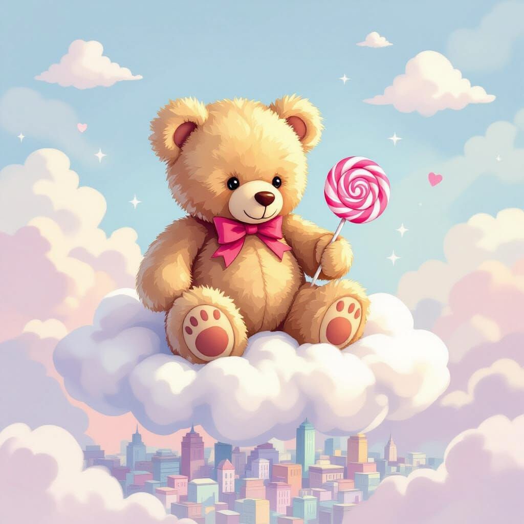 Giant Teddy Bear on Cloud with Lollipop Over City