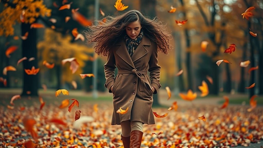 Autumnal Woman in Windy Park: Evocative Photography