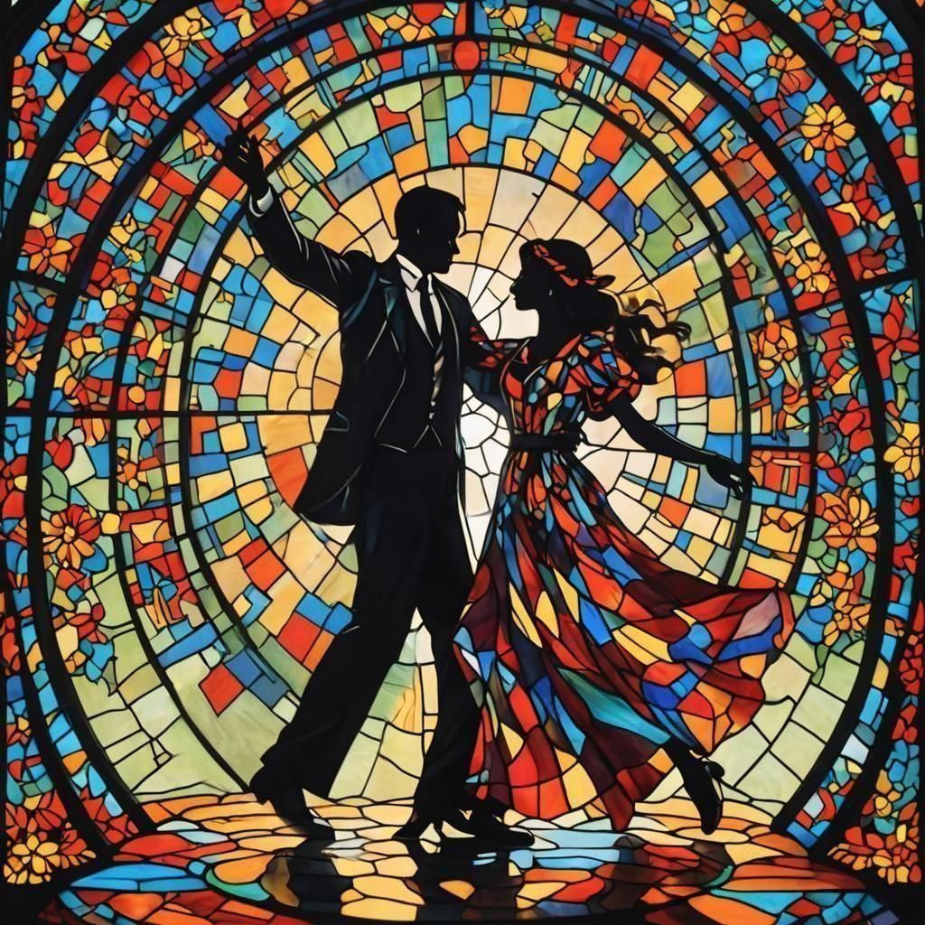 Stained Glass Silhouette Art of Dancing Couple