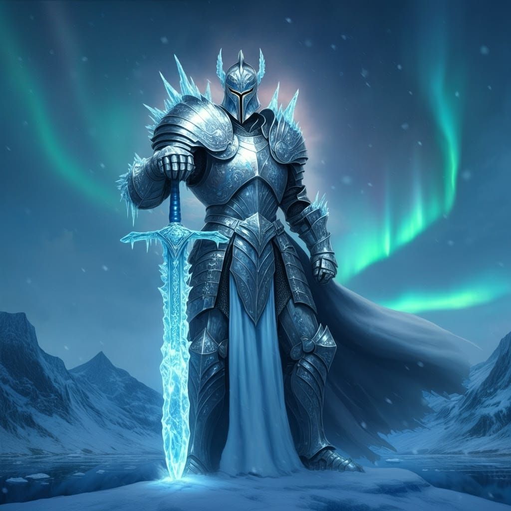 Ethereal Ice Knight Stands Vigilant Amidst Frosty Glacier La...