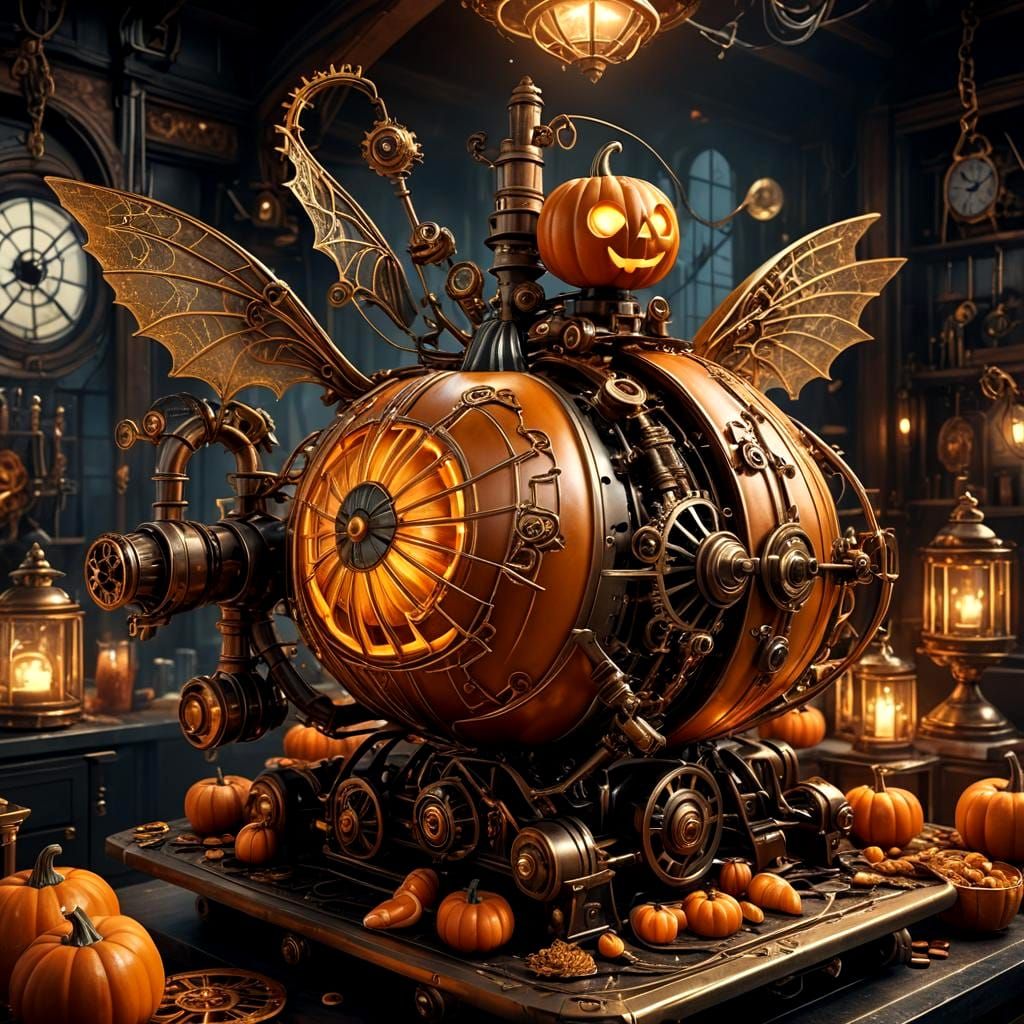 Halloween Steampunk Pumpkin with Wings in Dark Kitchen