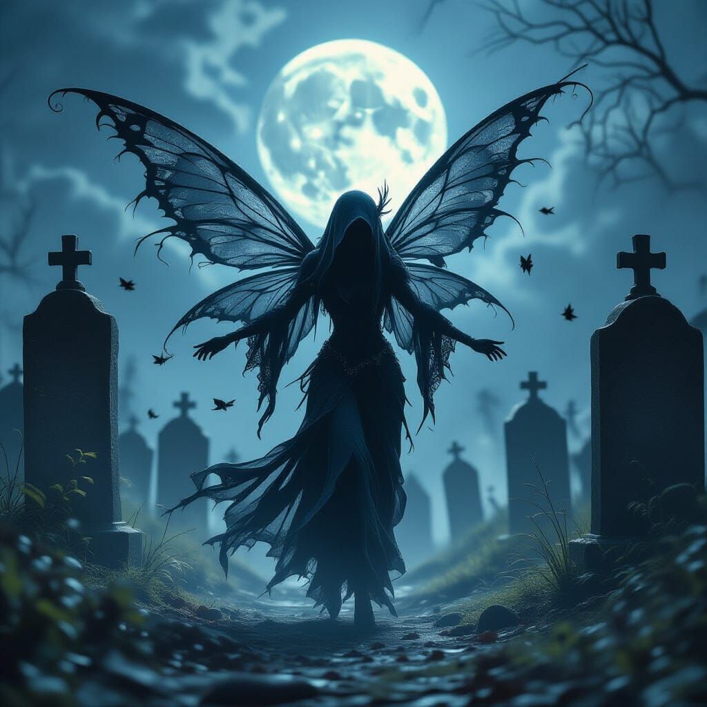 Shadow Fairy Dances in Moonlit Graveyard, Gritty Art