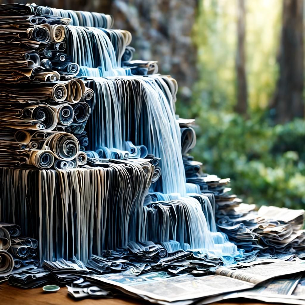 Paper quilling, Waterfall carved into a stack of newspapers,...