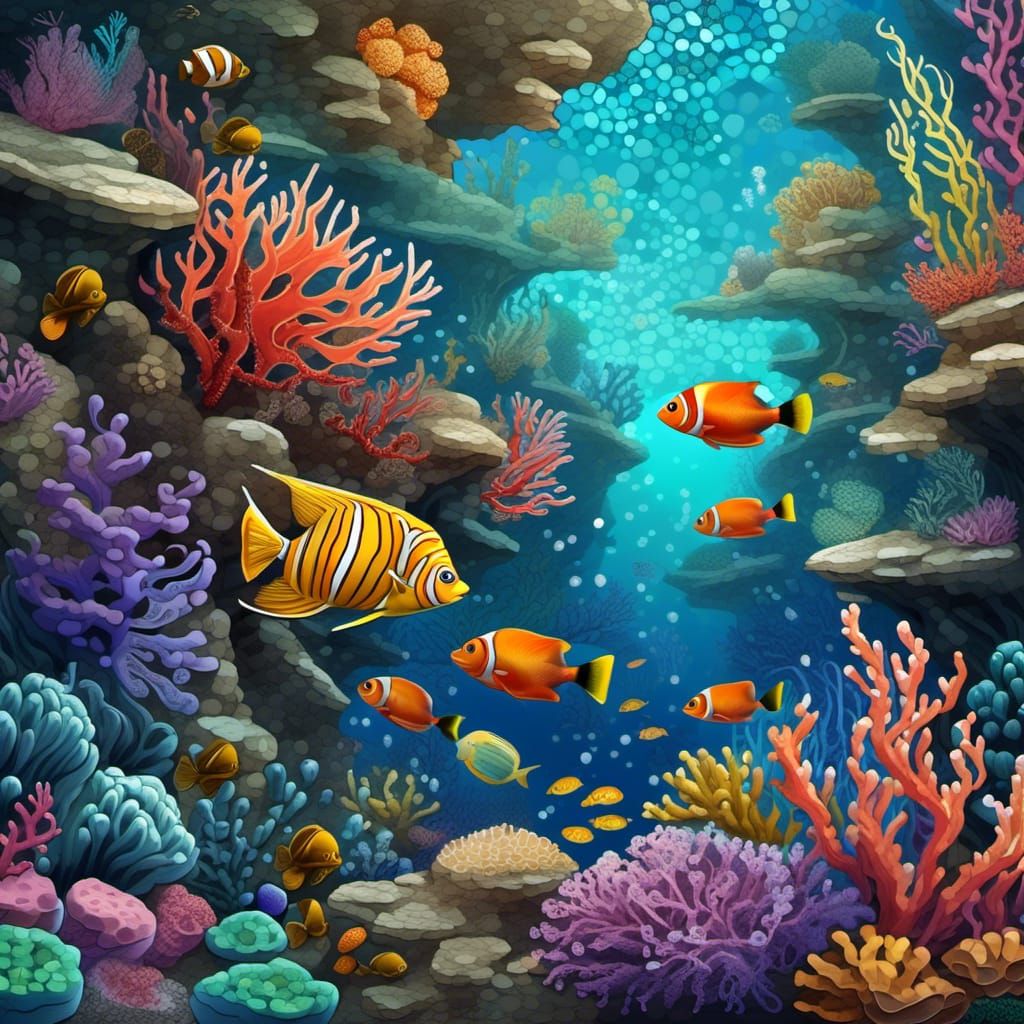 Vibrant Marine Life in Mosaic-Inspired AI Art