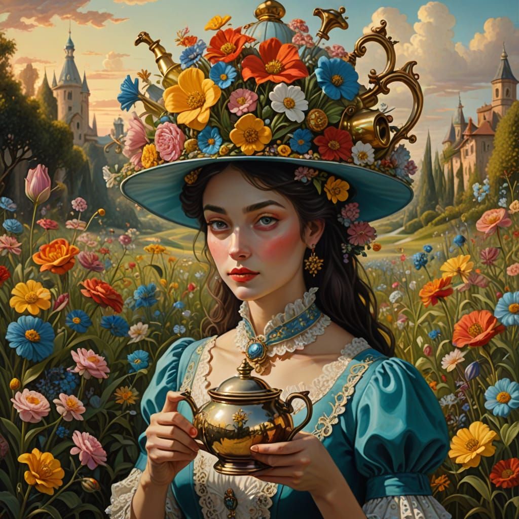 Surreal Teapot Hat Overflowing with Flowers and Spoons