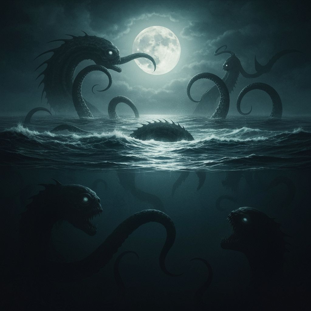 Colossal Sea Monsters in Dark Surrealist Ocean