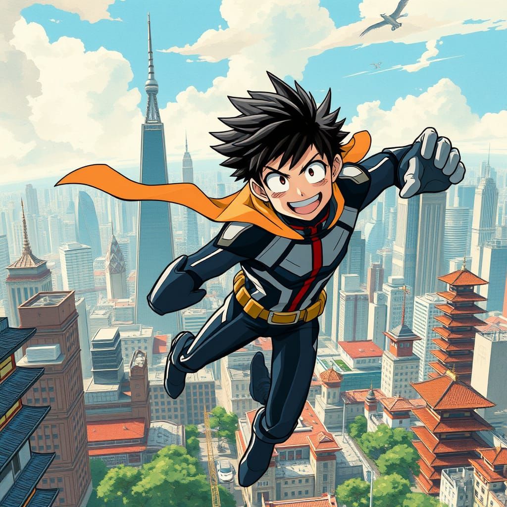 Dynamic Hero in Anime-Inspired Metropolis