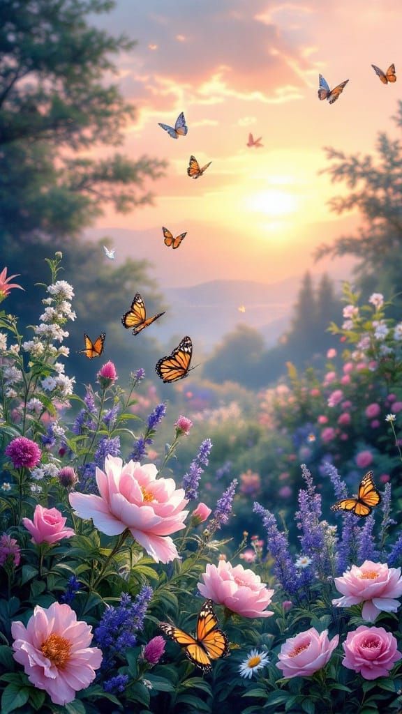 Serene Garden Scene at Dusk in Impressionist Style