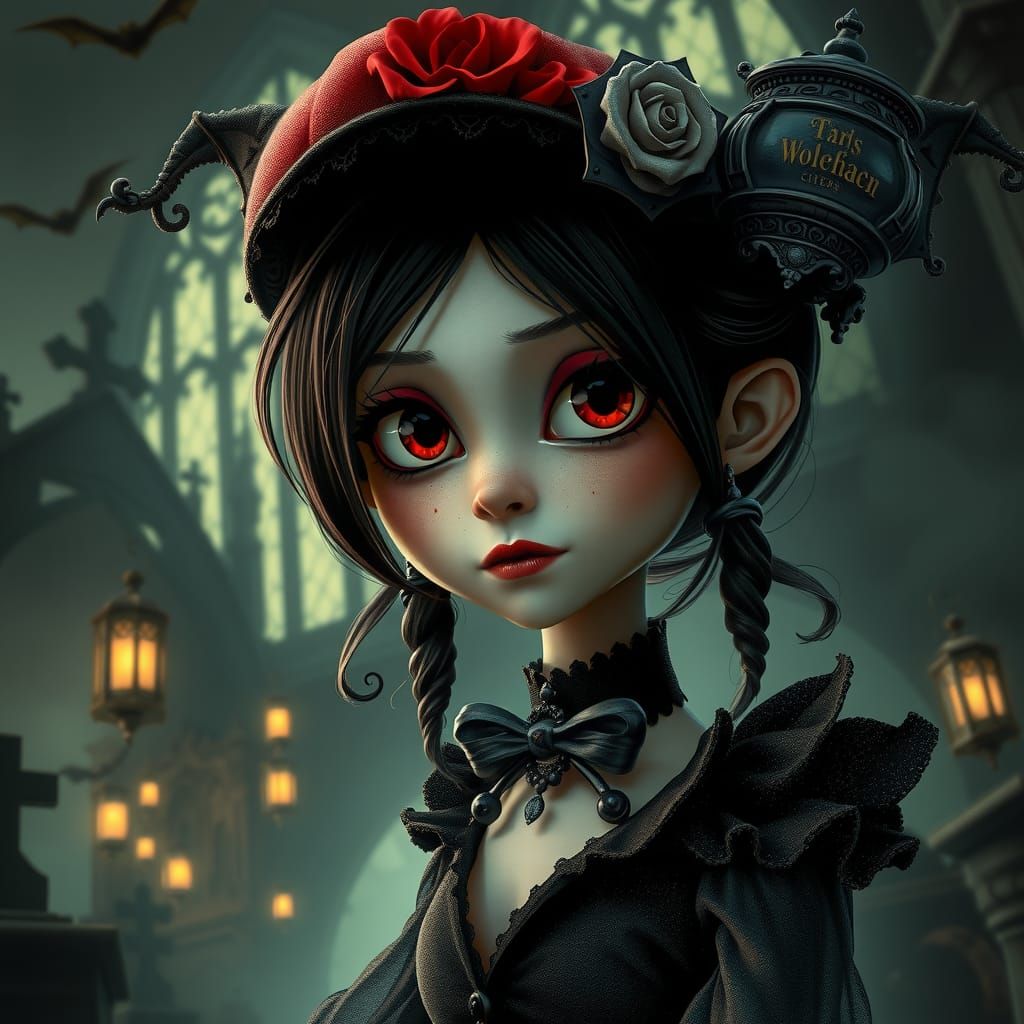 Gothic Rogue Girl in Dark Cathedral Cemetery