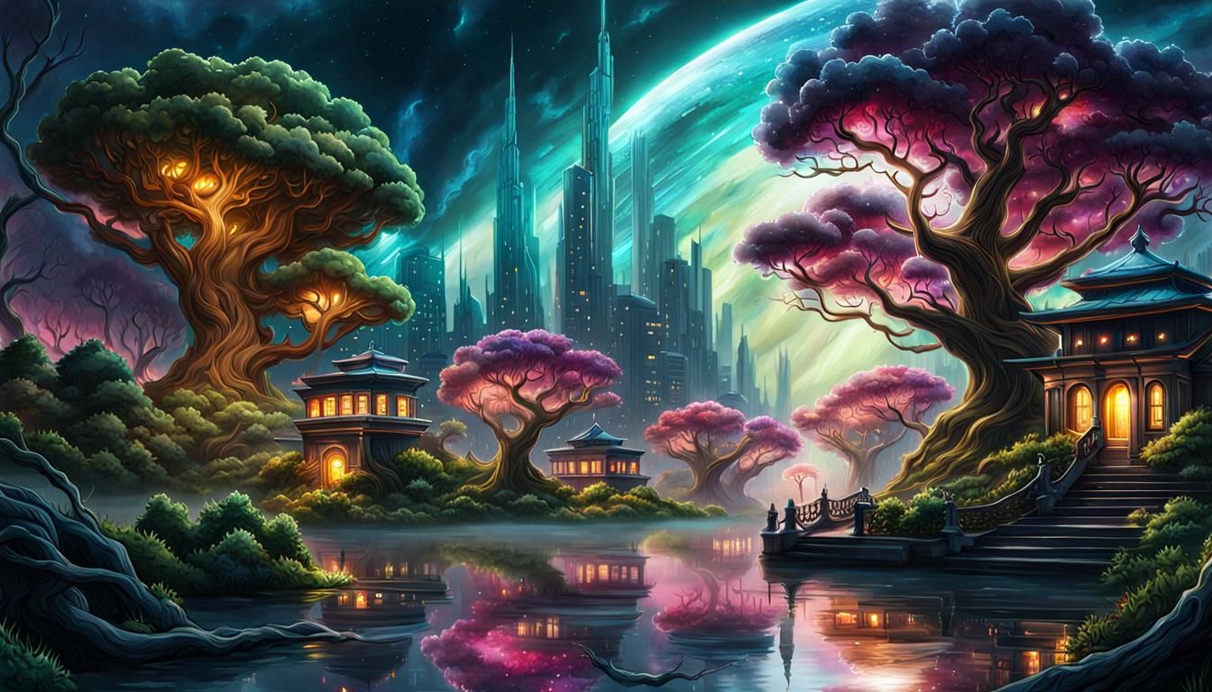 Stormy Sci-Fi Cityscape in Watercolour Style