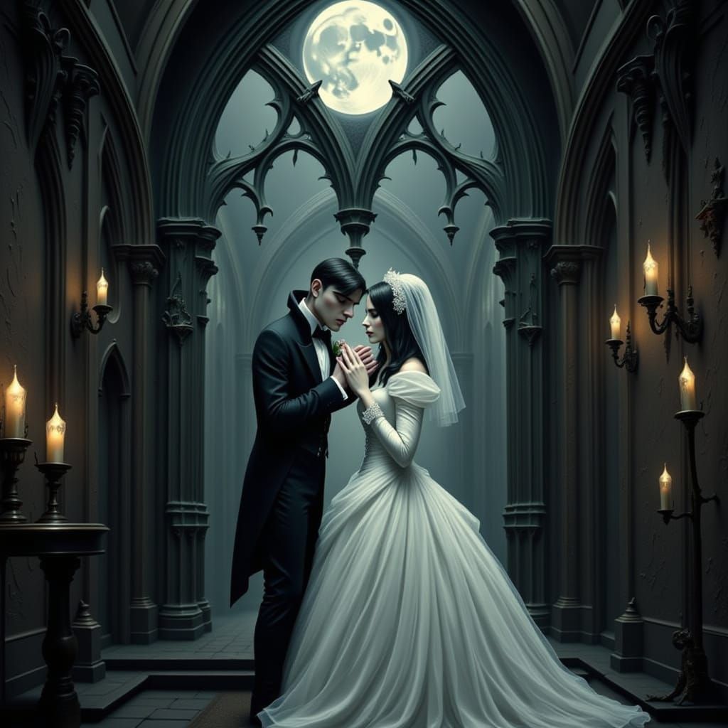 Vampire Wedding in Gothic Chapel, Dark Romanticism Style