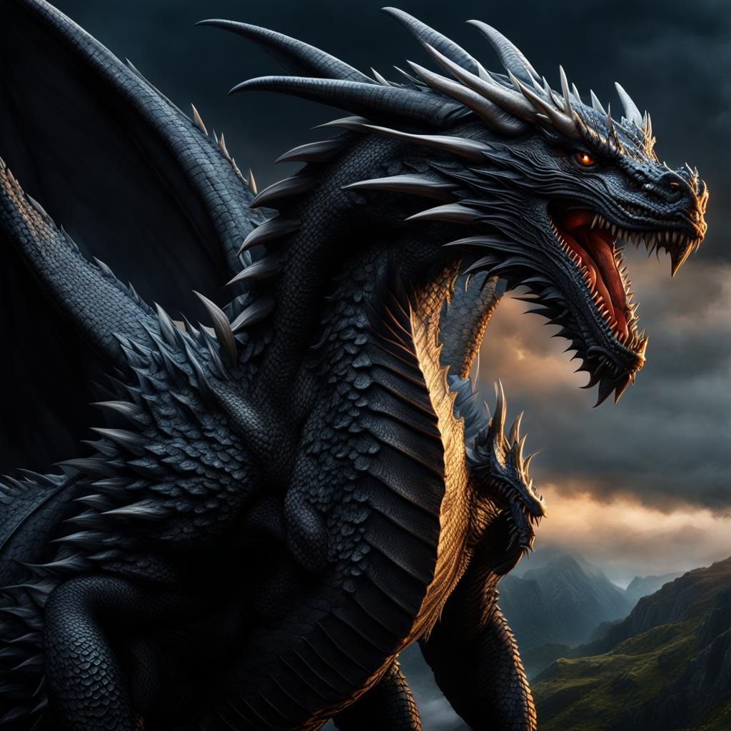 Epic Black Dragon Portrait in Detailed Matte Painting