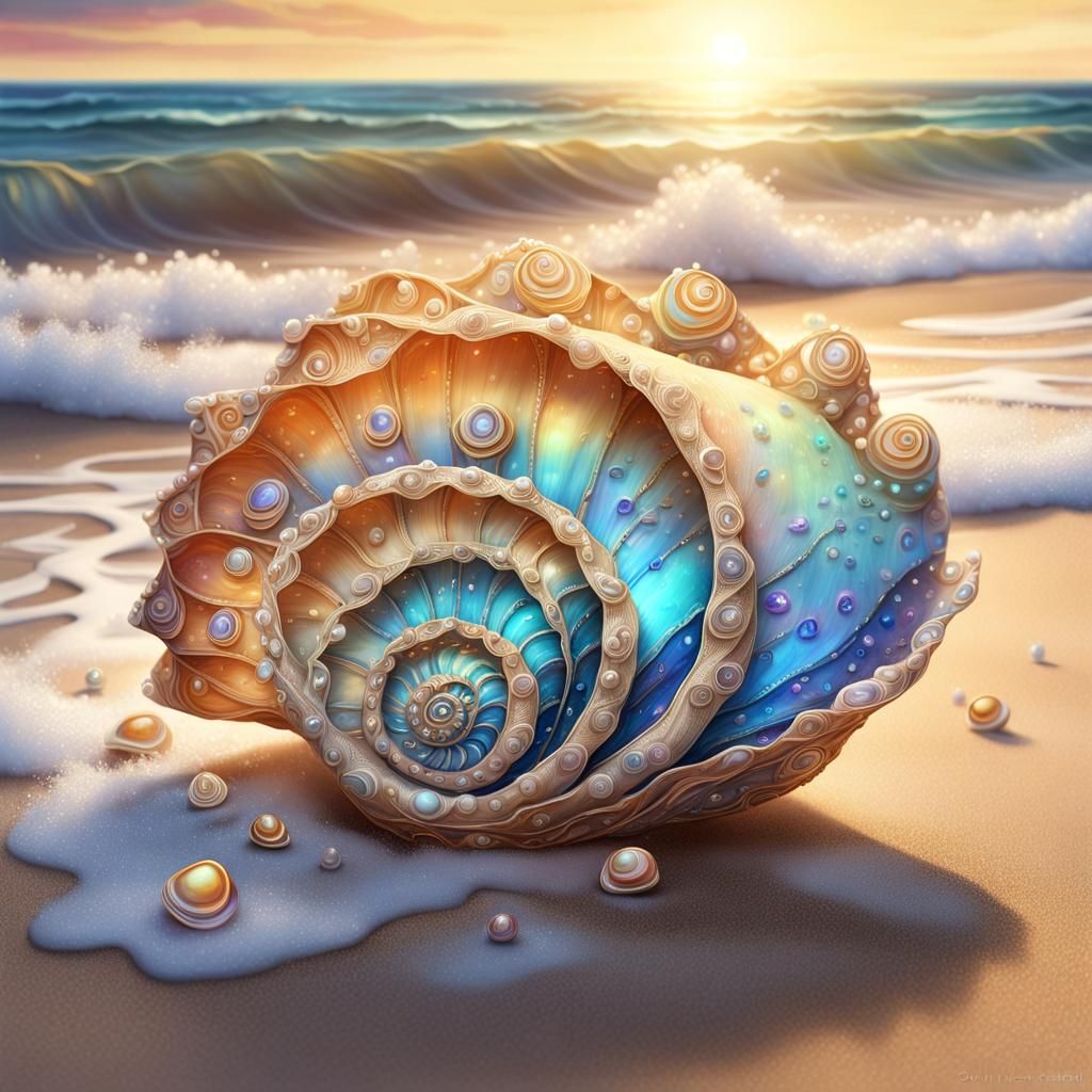 A twisted  iridescent filigree  mollusk shells on a sandy be...