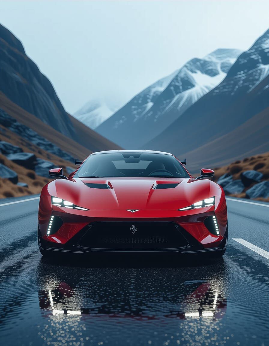 Red Sports Car on Mountain Pass Digital Art