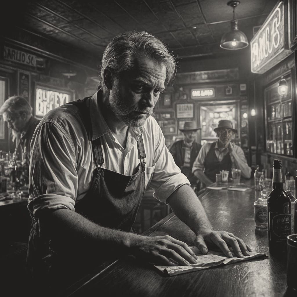 Grizzled Bartender in a Smoky Film Noir Scene