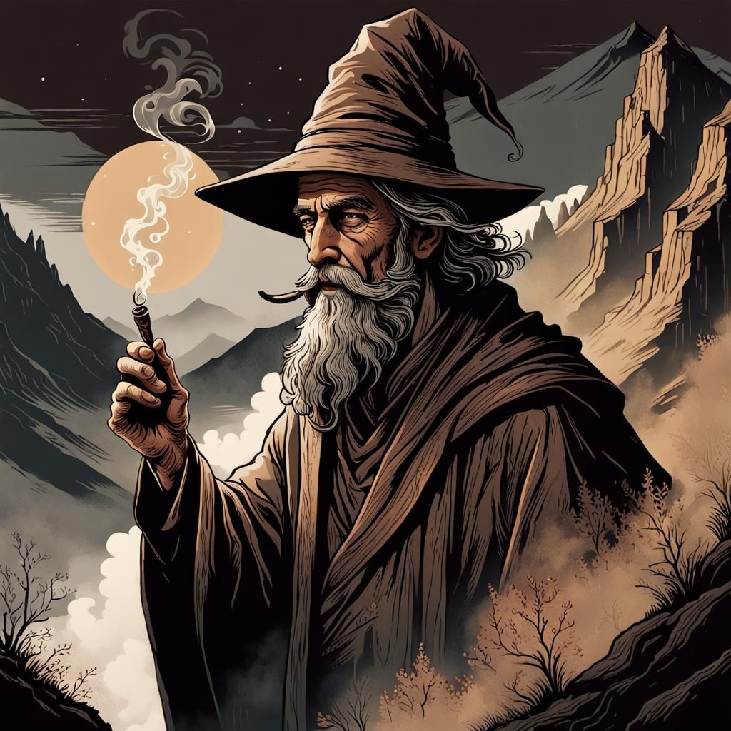 Wizard Smoking Pipe in Mountain Woodcut Style