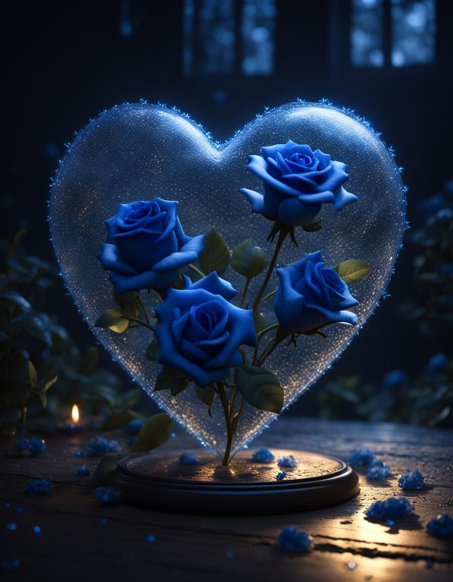 Crystalline Heart with Blue Roses in Dramatic Lighting