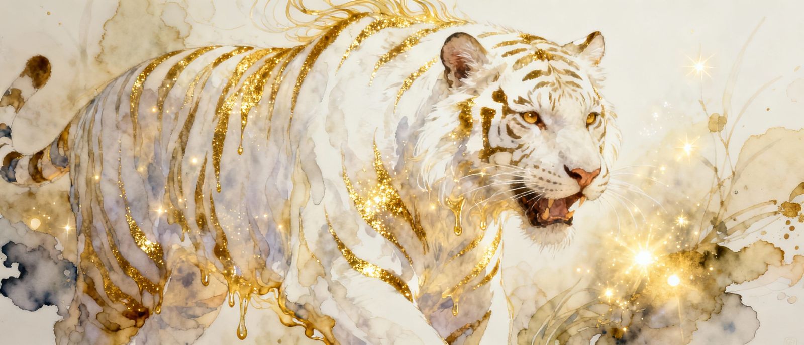 Fierce White Tiger Portrait in Sparkling Watercolor