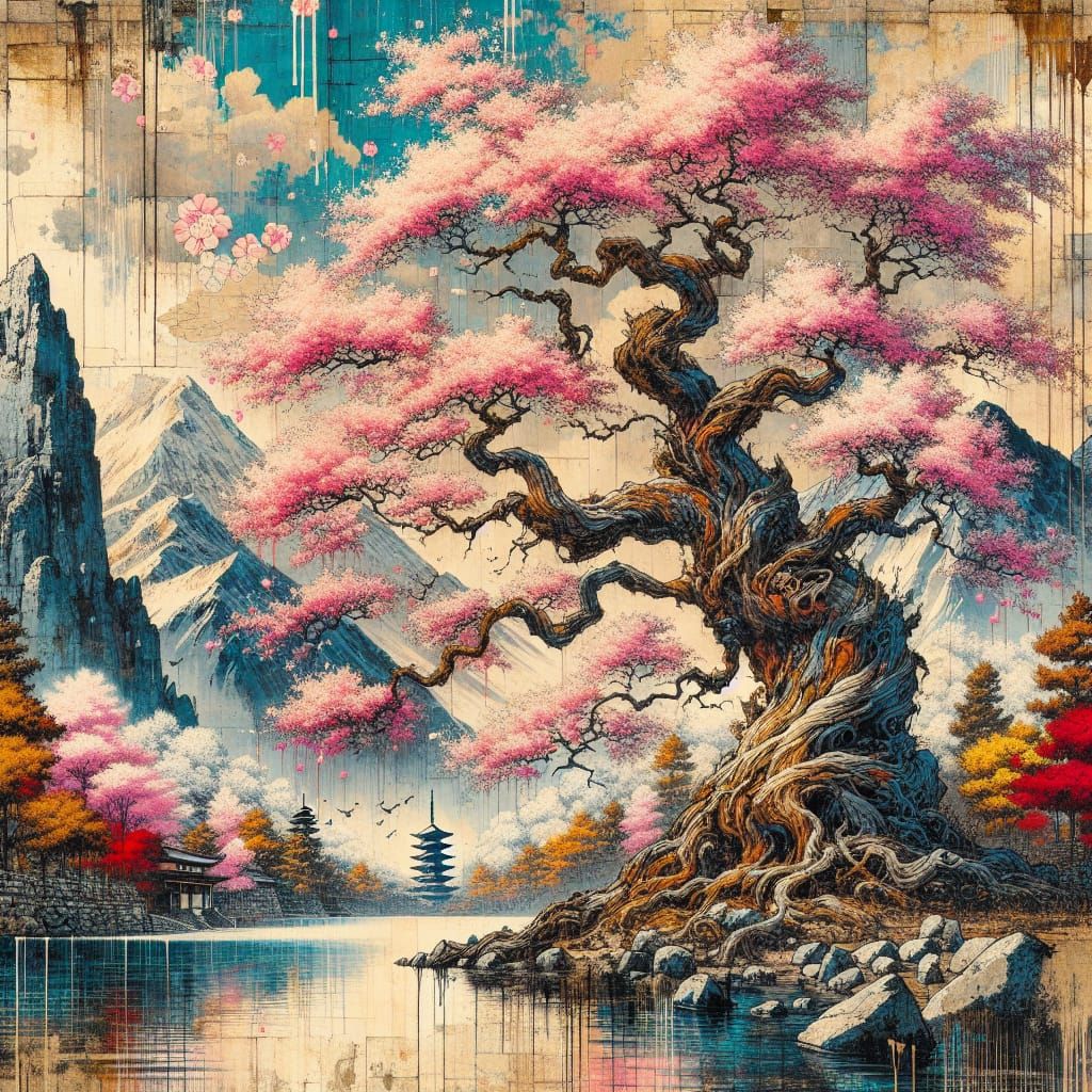 Sakura Tree, Lake, and Temples in Graffiti Art