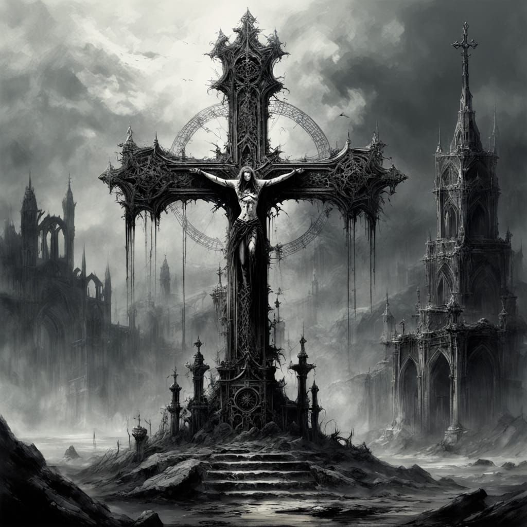 Gothic Cross in Misty Ruin, Dark Fantasy Ink Style