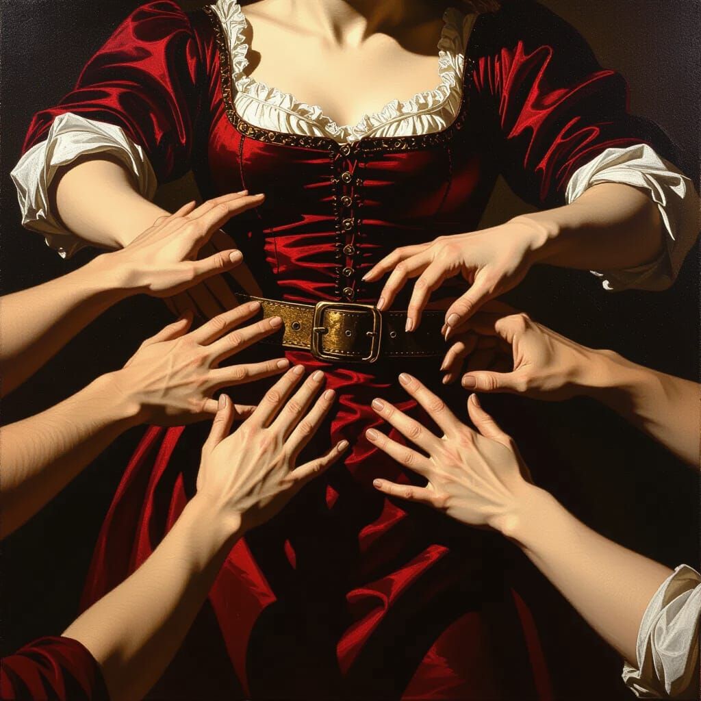 Hands Grasping for a Woman's Belt in Chiaroscuro Style