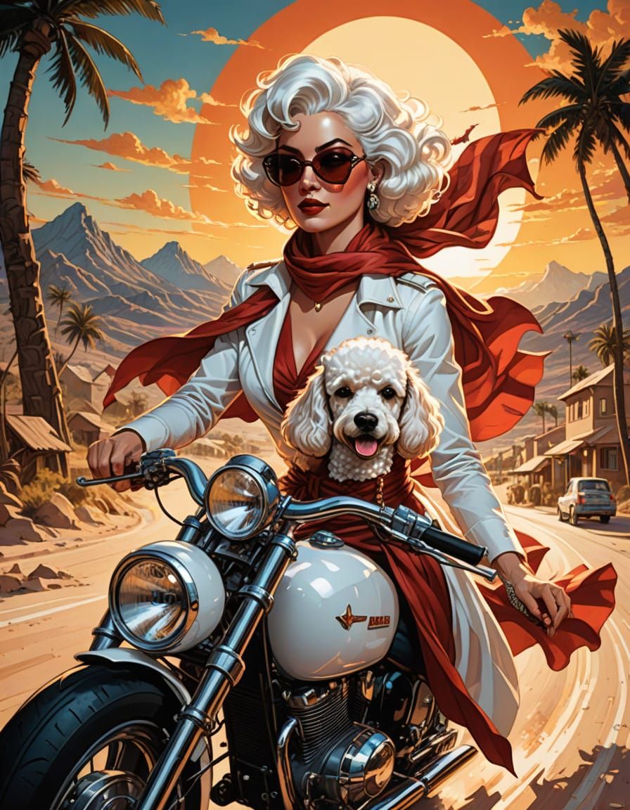 Vintage Poodle in Red Scarf Drives a 1957 Sportscar