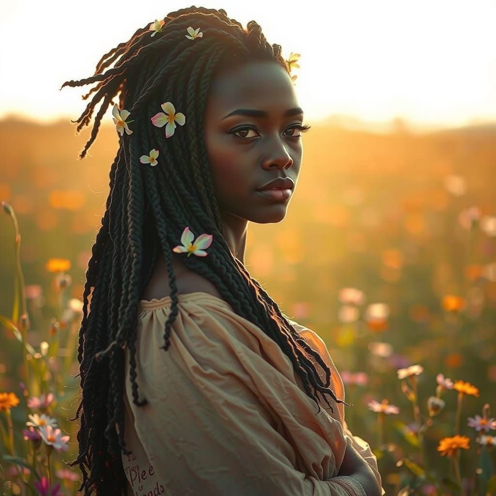 Ethereal Black Goddess in Vibrant Floral Paradise