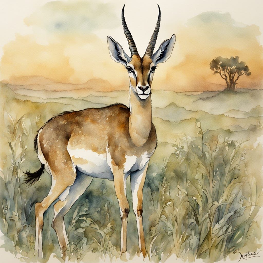 Majestic Gazelle in Savannah Landscape, Watercolour Style