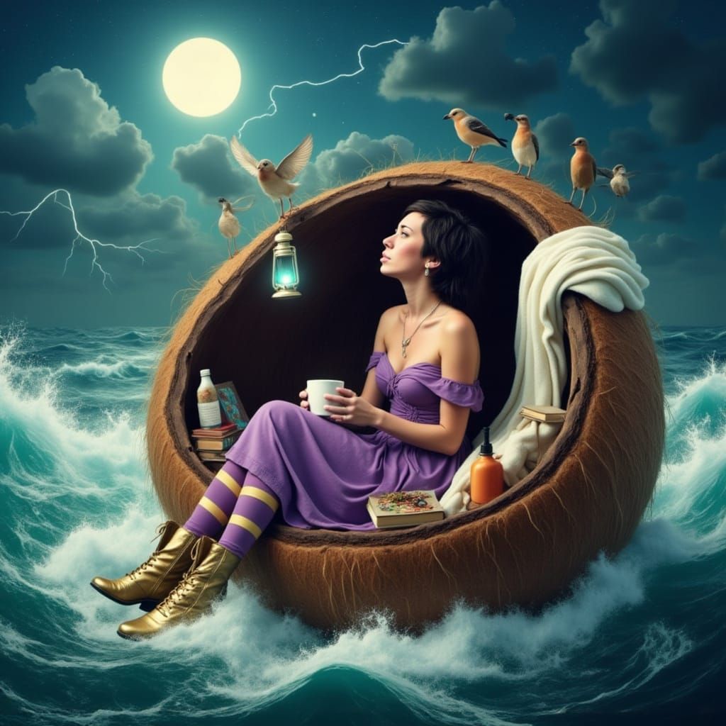 Woman Finds Serenity Inside a Floating Coconut Amidst a Turb...