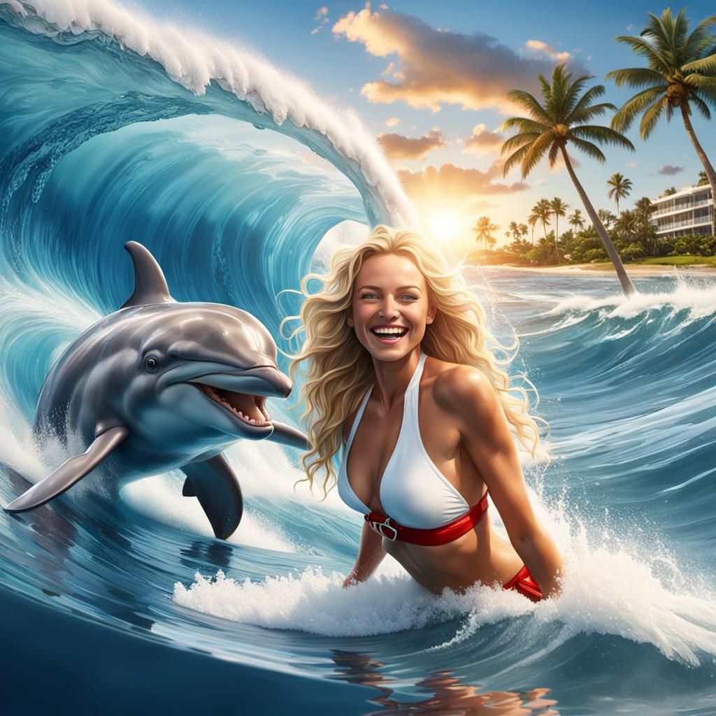 Surfer Girl Rides Wave with Dolphin in Dreamlike Scene