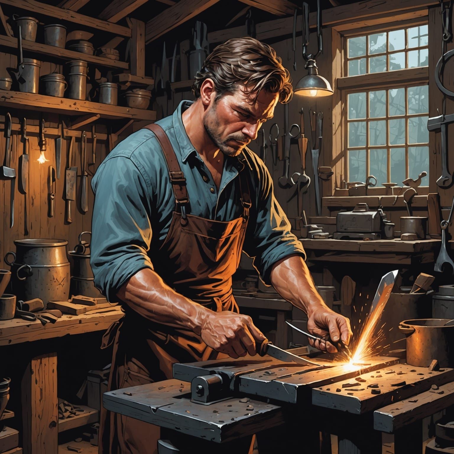 Blacksmith Sharpening Knife: Comic Book Art
