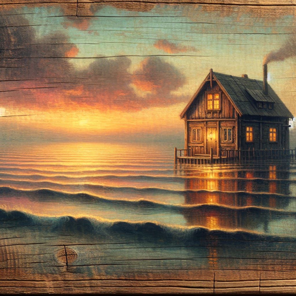 Seashore Dwelling at Dusk Painted on Wood