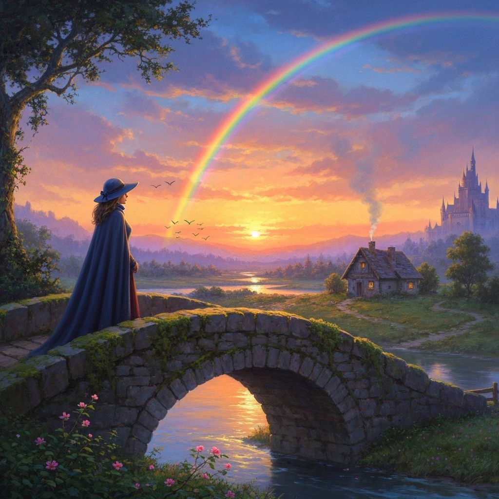 Cloaked Woman on Mossy Bridge at Magical Sunset Oil Painting