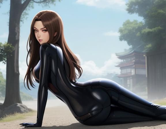 Beautiful young brunette girl, body suit, lying backside