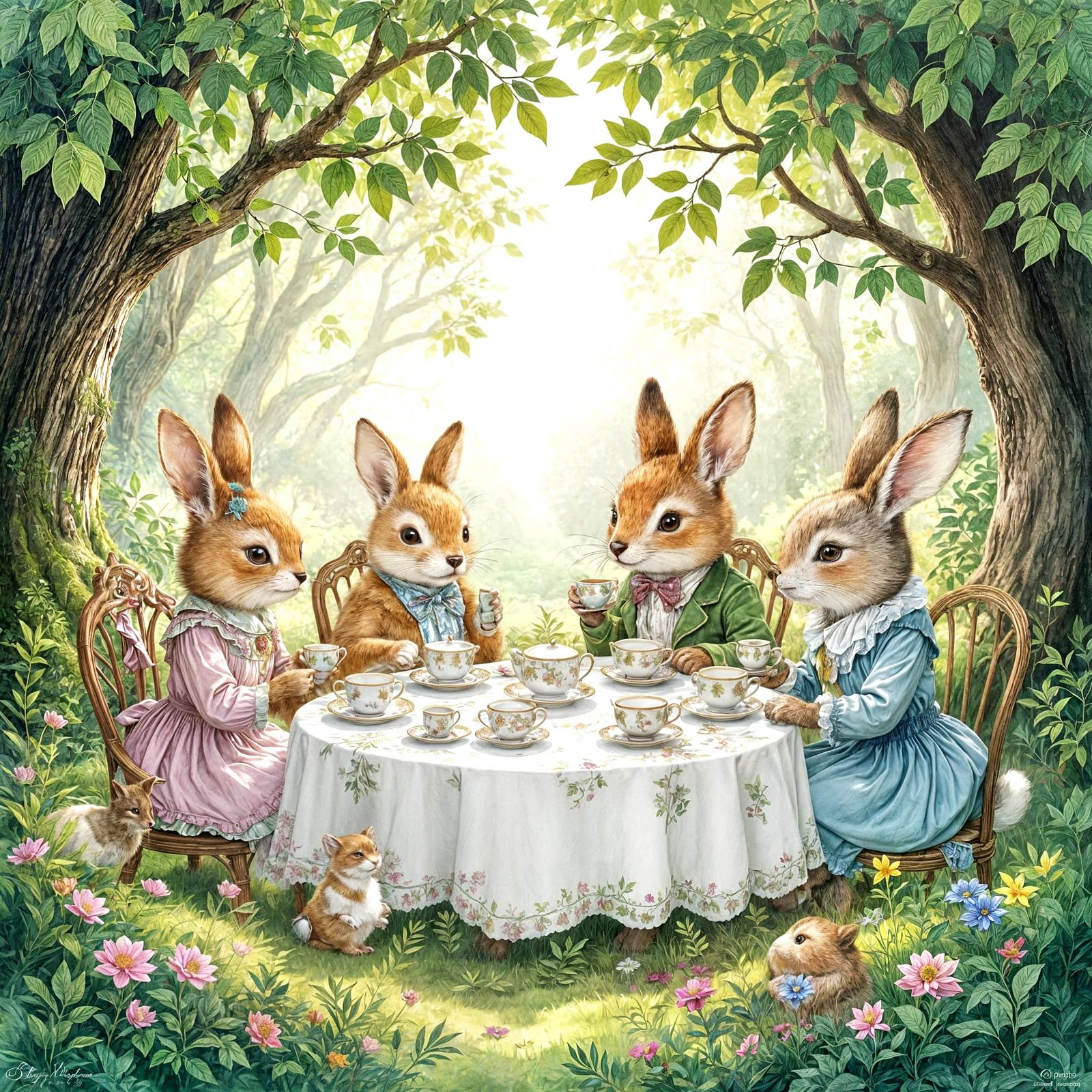 Enchanted Tea Party in Forest Grove, Watercolor Art