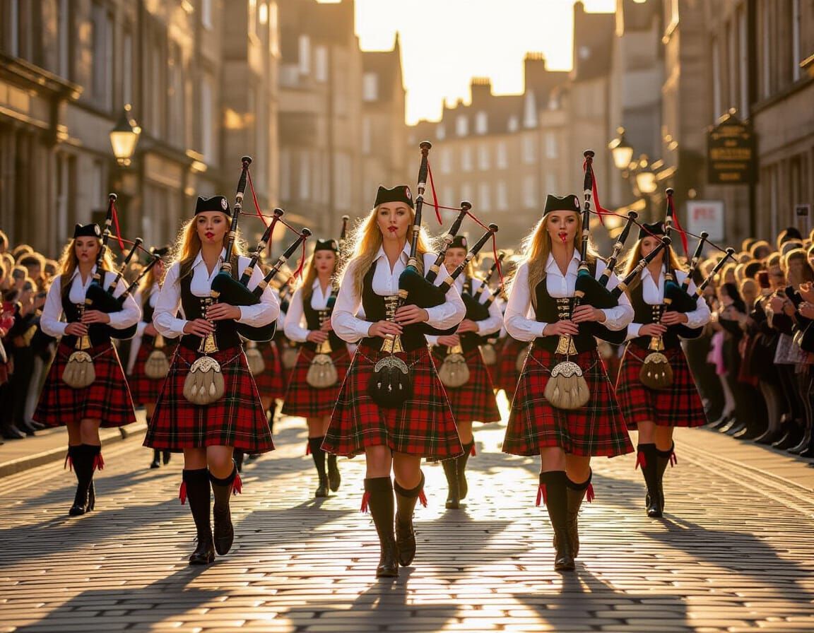 Scottish Women Parade Bagpipes Through Edinburgh Streets
