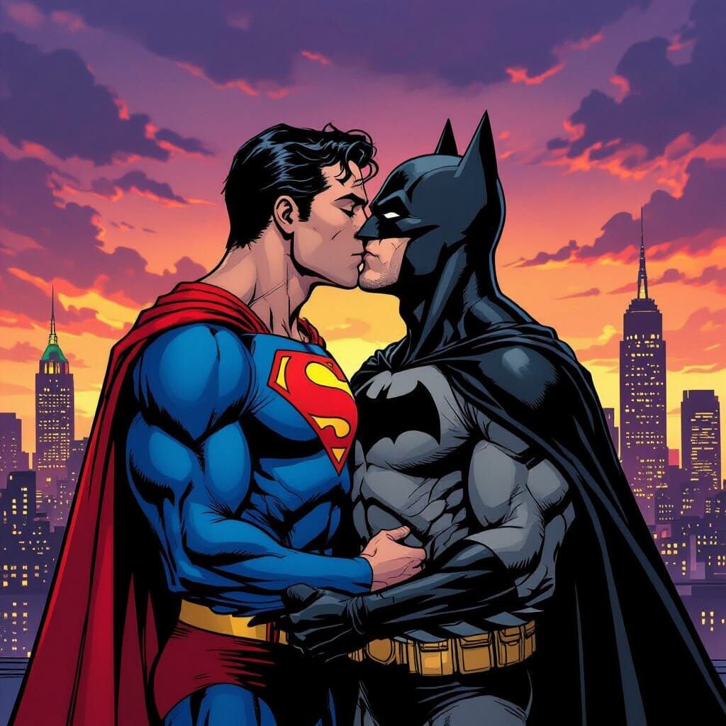 Superman Kisses Batman Over Gotham Skyline