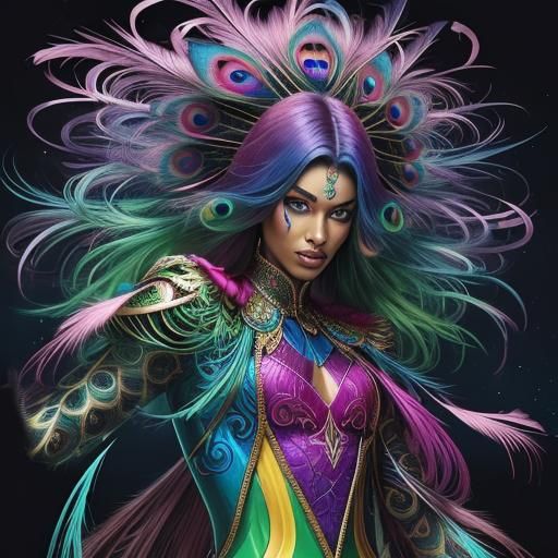 Radiant Woman with Peacock Hair in Comic Book Art