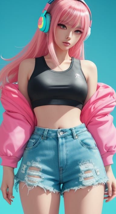 Anime Girl with Headphones in Japanese Pop Art Style