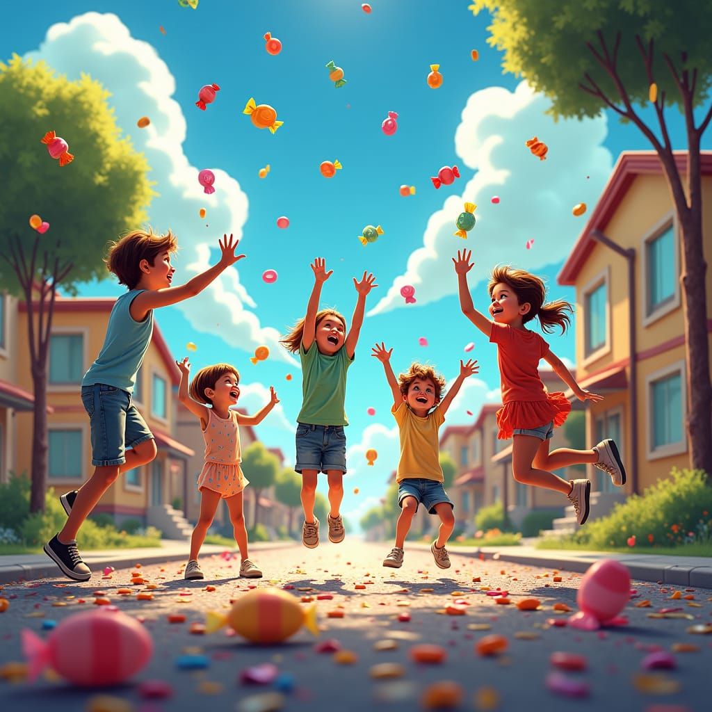 Candy Rain on Suburban Street: Hyperrealistic Concept Art