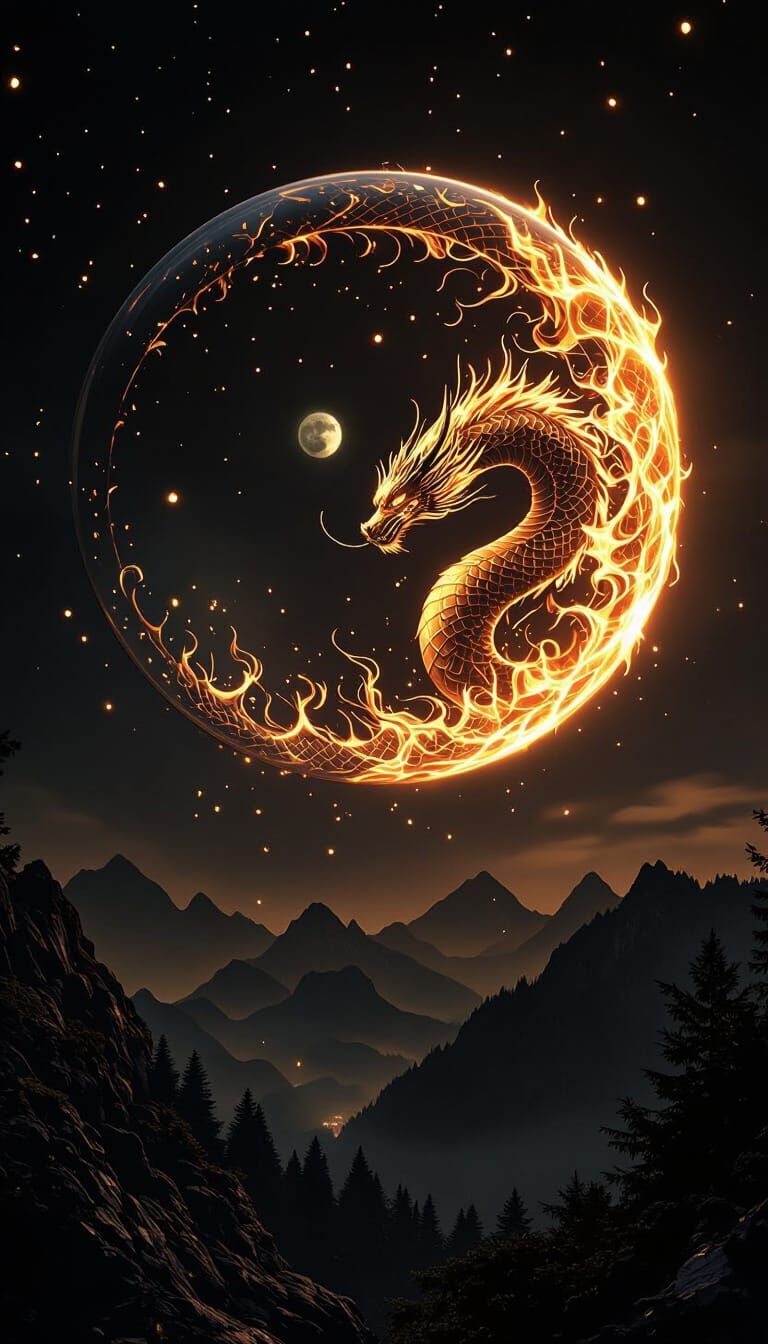 Golden Fire Dragon Encased in Radiant Sphere