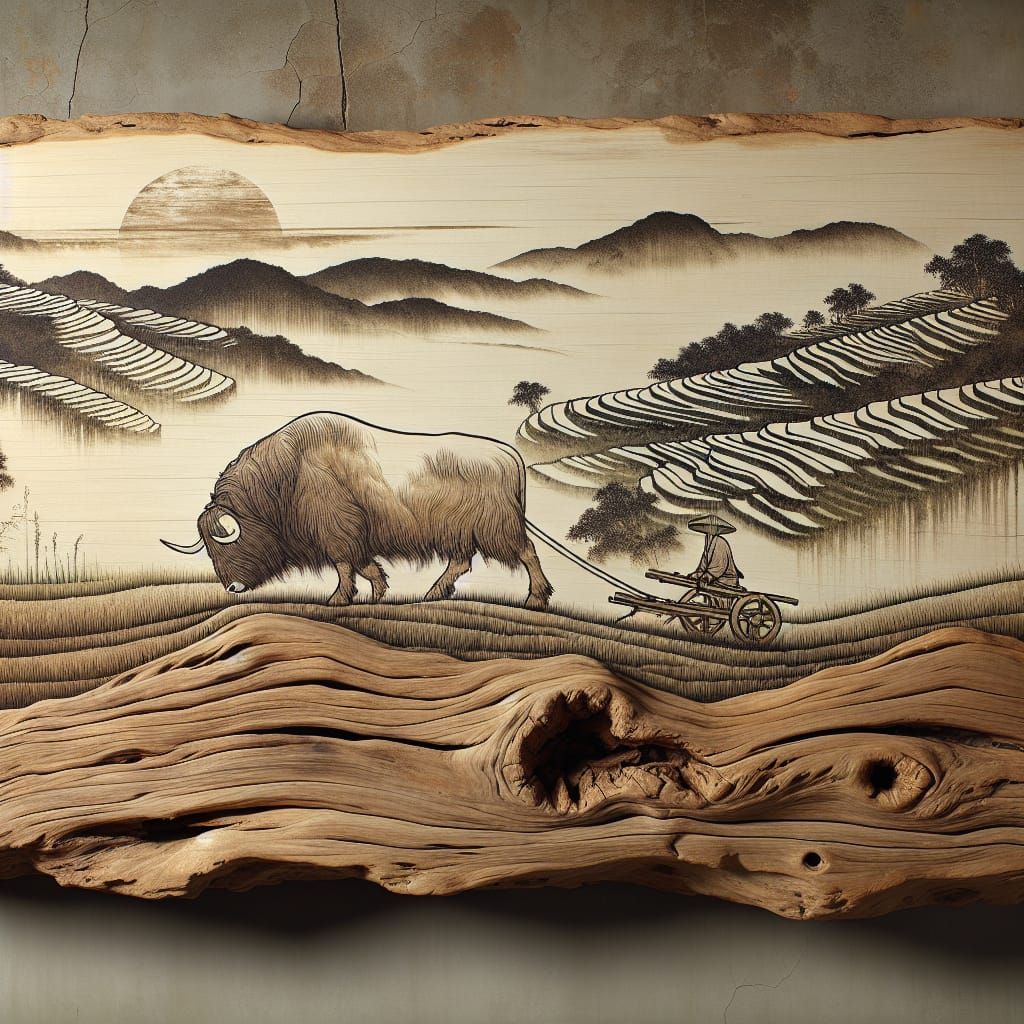 Musk Ox Plows Rice Fields: Chinese Ink Art