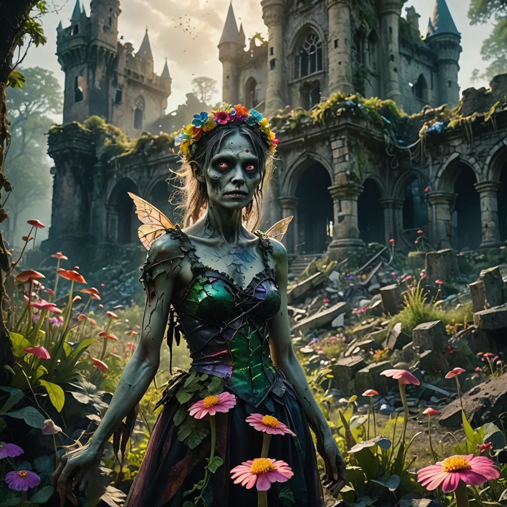 Zombie Fairy in Lush Castle Ruins: Cinematic HDR