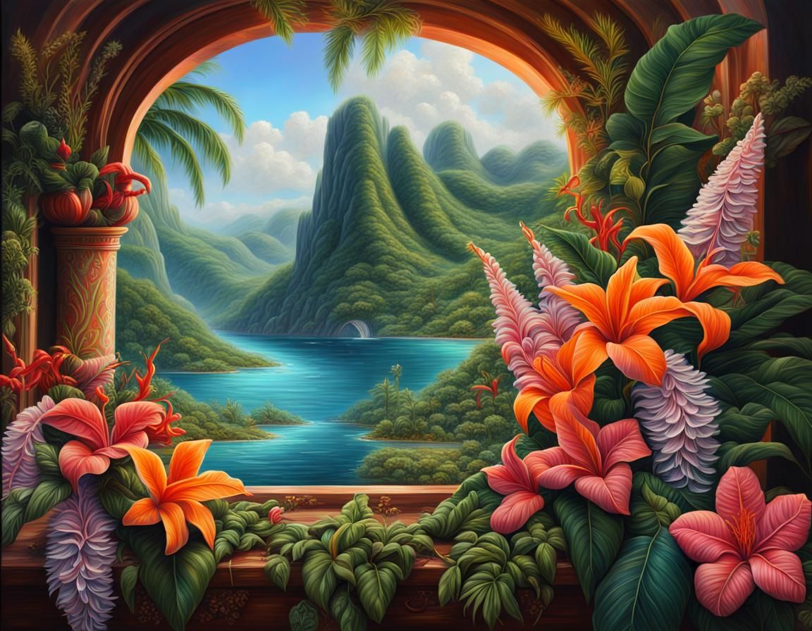 Lush Tropical Flower Arrangement Oil Painting