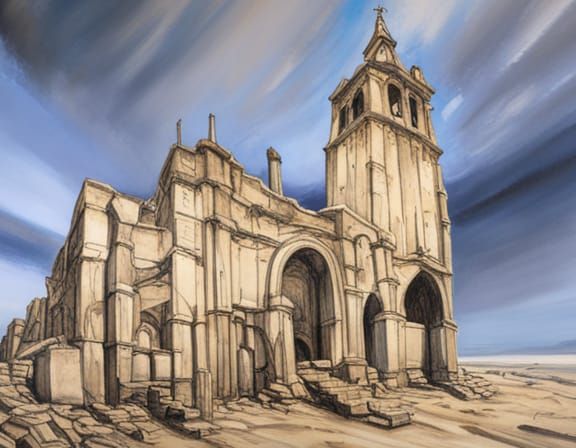 Sinister Octagonal Church Ruins in Charcoal Style